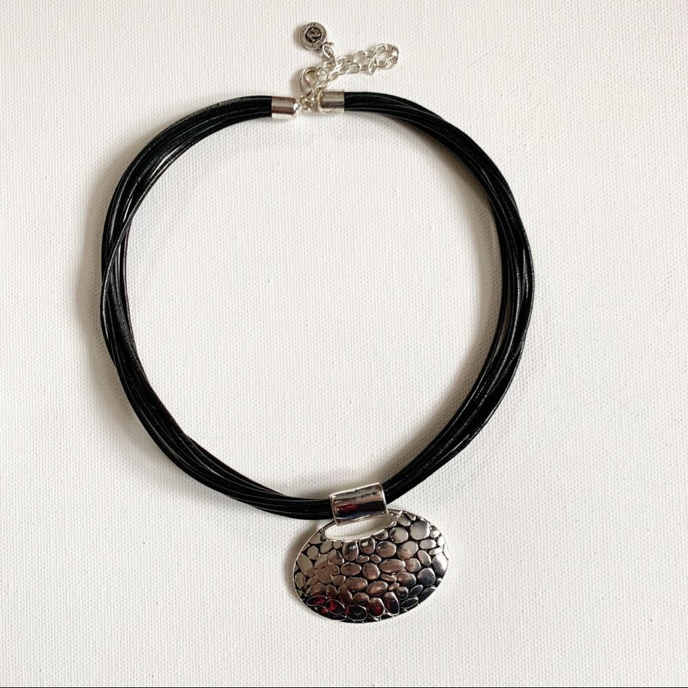 NAPIER Pebble Silver Tone Pendant Leather Necklace